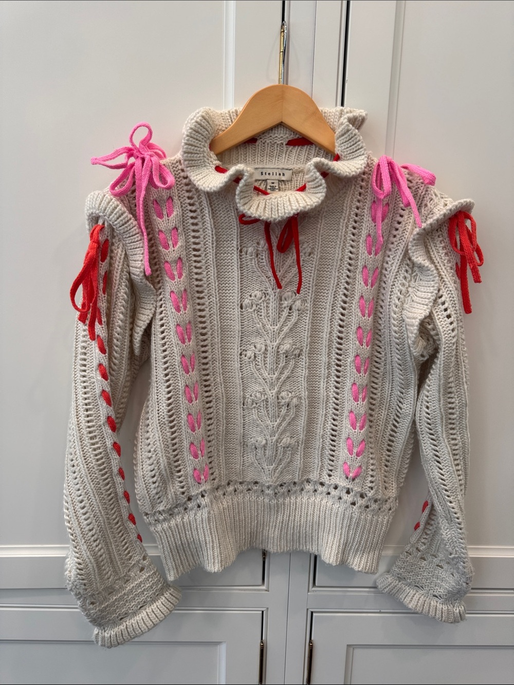 Stellah Cream Cable Knit Sweater with Pink & Red Ribbon Ties